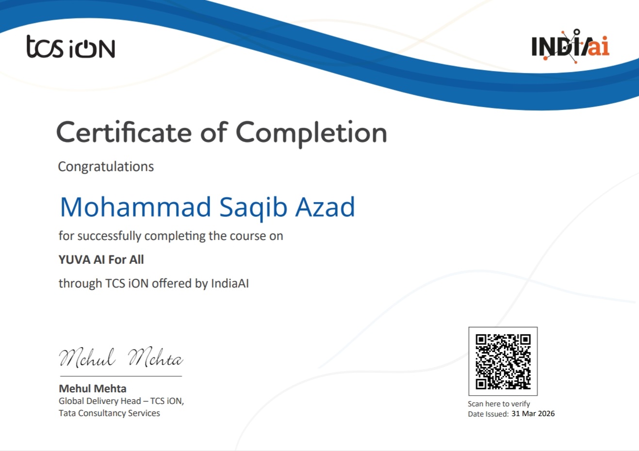 YUVA AI For All Certificate